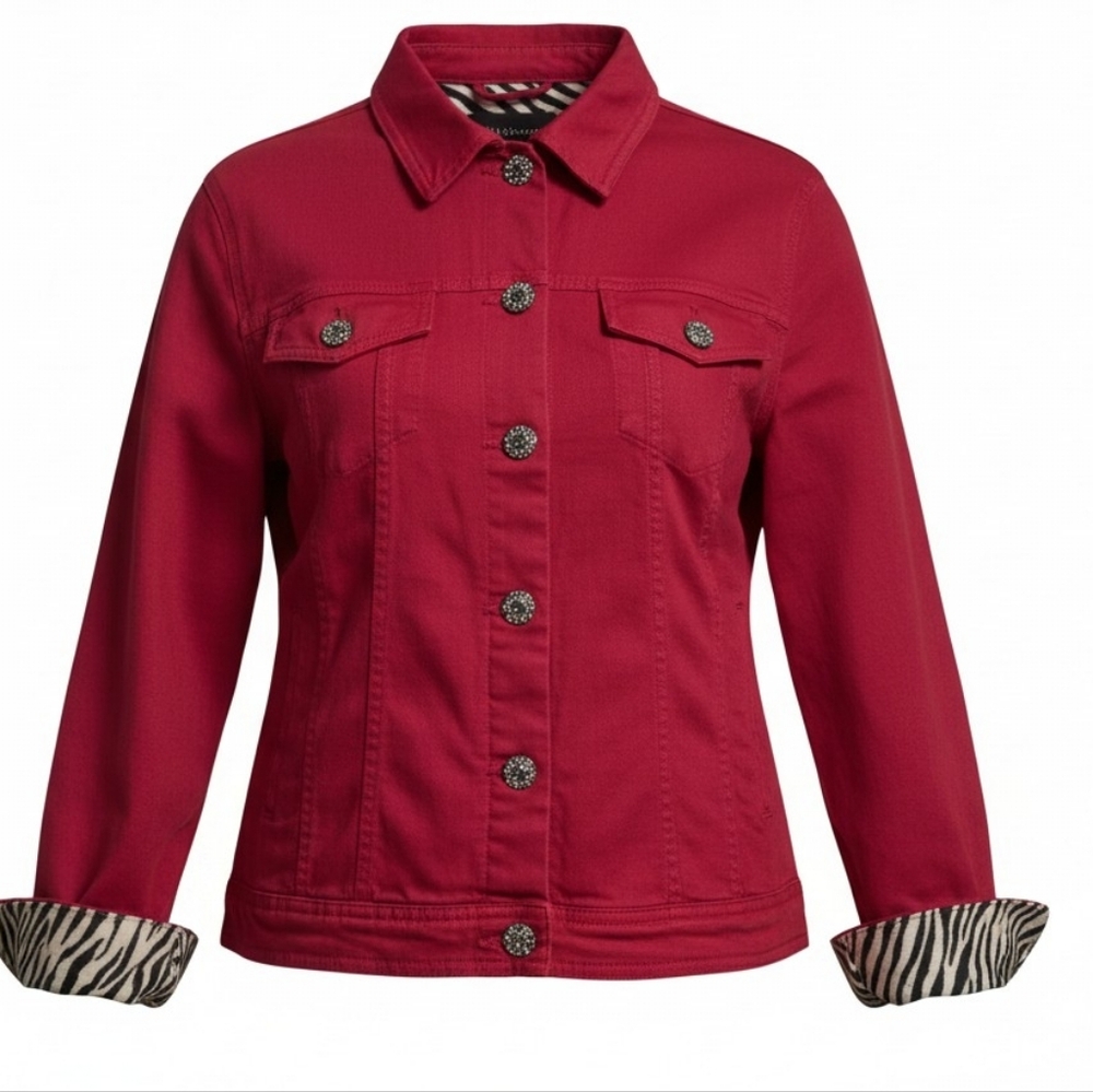 Zebra Lined Collar & Cuffs, Large Sparkle Jeweled Buttons, Red Denim Jacket - Picture 11 of 12